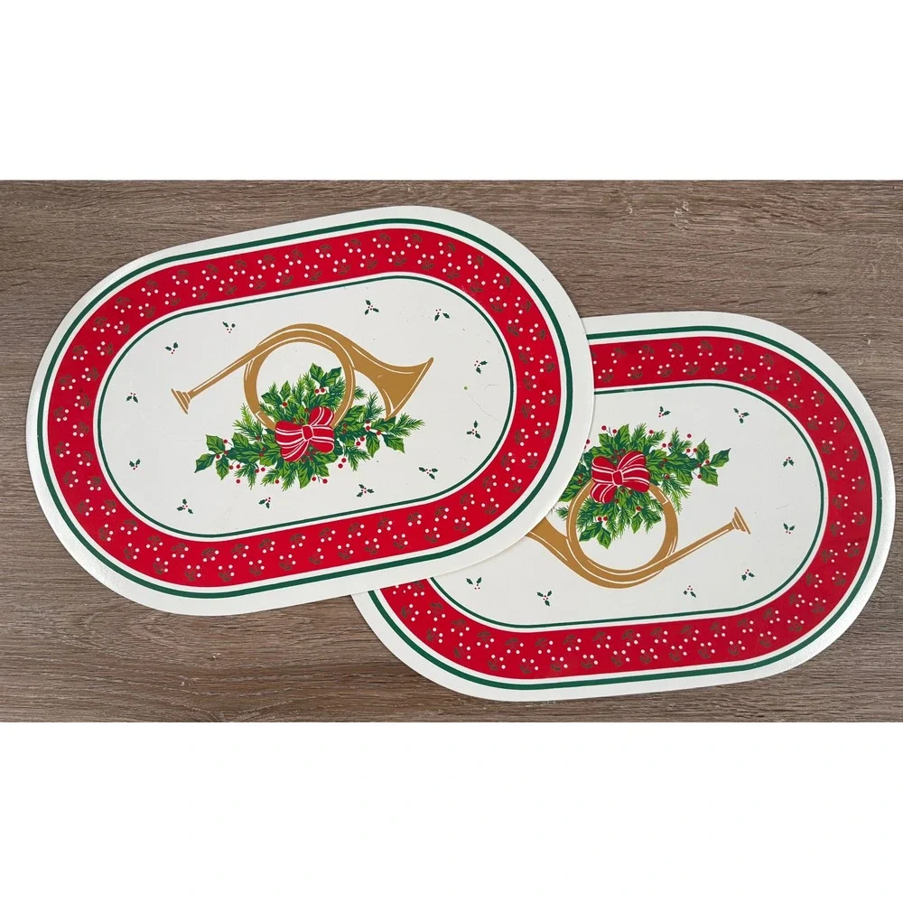 Vintage Kmart Christmas Placemats Set of 6 Oval French Horn Holly Red Green Gold